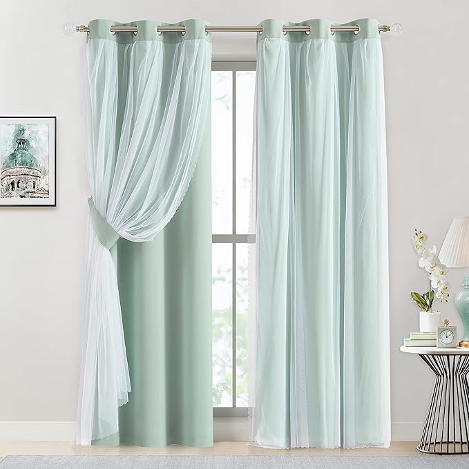 Bujasso Aqua 80% Blackout Curtains with Sheer Overlay Mix and Match Double Layer Thermal Insulated Window Panels 84 inch for Living Room Bedroom Mint Green Drapes with Tiebacks Grommet Top 37"Wx84"Lx2