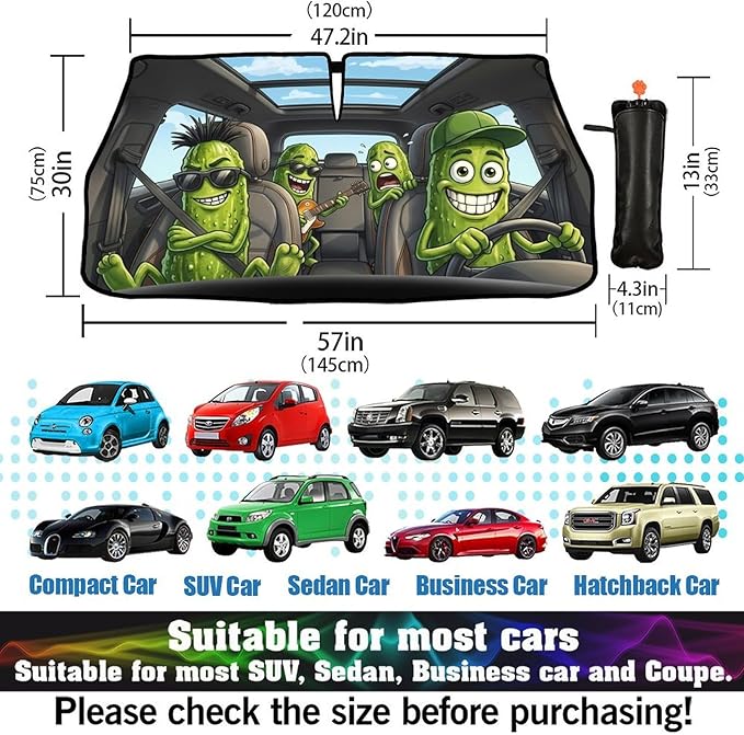 Socira Funny Pickle Car Windshield Sun Shade Umbrella Pickle Gifts Foldable Sunshade for Front Window Auto Windshield Sunshade Covers Car Accessories Protect from Sun Rays Heat 57'' X 30''
