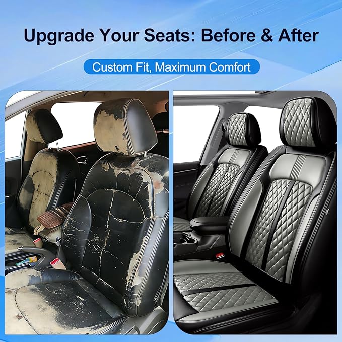 Fit Cruze Car Seat Covers for Select Chevrolet/Chevy Cruze 2011-2019, Premium Full Coverage Leather, Airbag Compatible, Waterproof All Weather Seat Cushion Protector, Front Pair Black+Gray