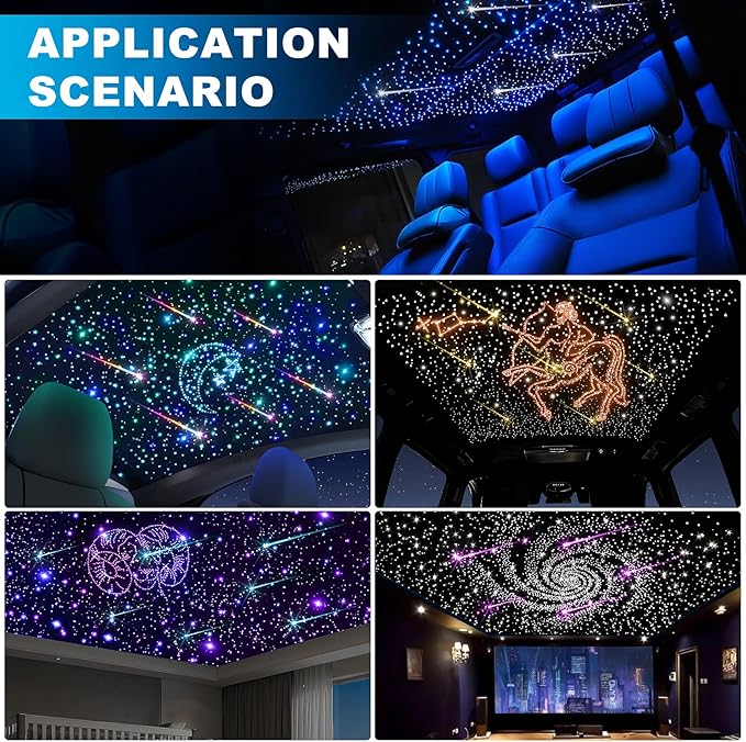 Car Starlight Headliner Kit, 4 Colors 32W Twinkle & Meteor Fiber Optic Shooting Stars Lights, 2 in 1 Light Engine 800pcs*0.03in*13.1ft+240 RGBW 4 Port Ceiling Starlights for Car Home Roof Décor
