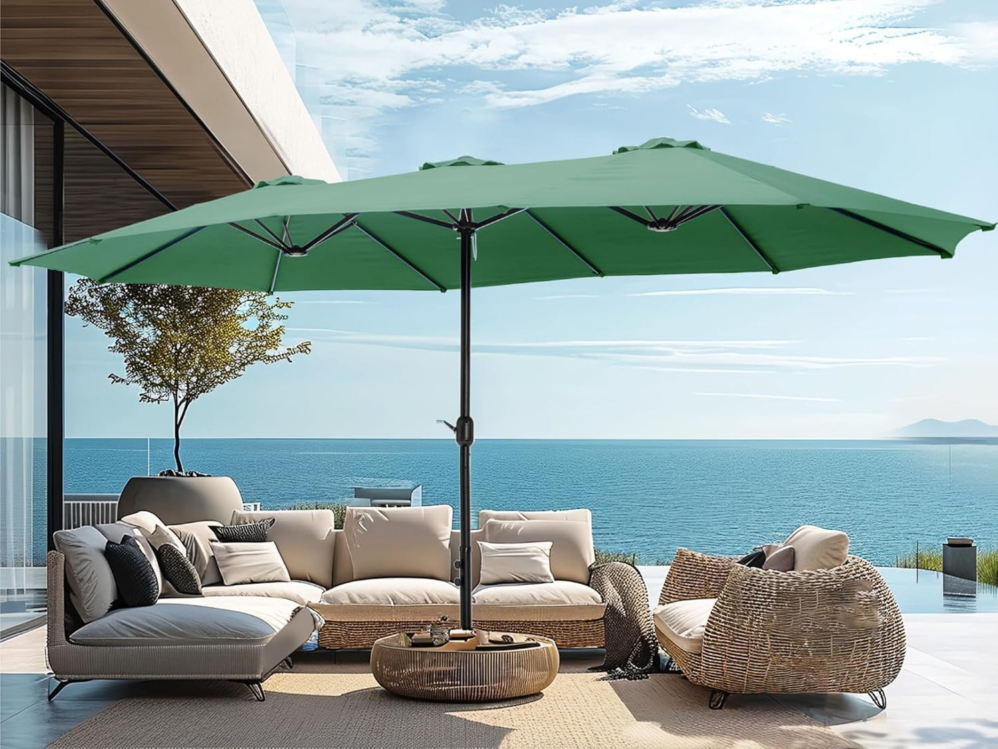 PHI VILLA 15ft Large Patio Umbrellas with Base, Outdoor Double-Sided Rectangle Market Umbrella for Pool Lawn Garden, Mint Green