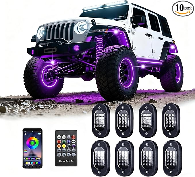RGB LED Rock Lights Kit with APP/RF Remote Control Music Mode, Enhanced Underglow Lights Multi Zone Neon Underbody Light Multi Color 12V Waterproof for Trucks Jeep UTV ATV Golf Cart Offroad (10, p)