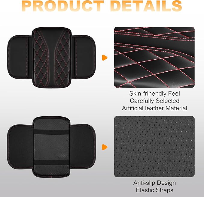 Car Center Console Cover Fit for Jeep Grand Cherokee L - Leather Armrest Covers with 2 Storage Pockets(Black&Red)