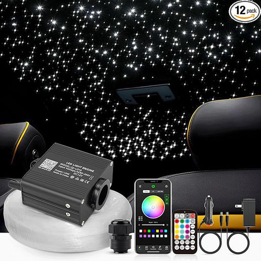 16W Twinkle Starlight Headliner Kit, 300pcs of (0.03+0.04+0.06in)*9.8ft Fiber Optic Strands Bluetooth APP/Remote/Music Control, RGBW Star Ceiling Light Kit+Adapter+Car Use Plug for Car