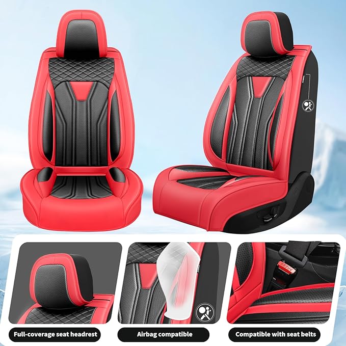 Fit Frontier Car Seat Covers Compatible with Nissan Frontier 2010-2025 2026 - Full Set Premium Leather， Waterproof Breathable， All-Weather Seat Cushion Protecto&Airbag Compatible （Red & Black