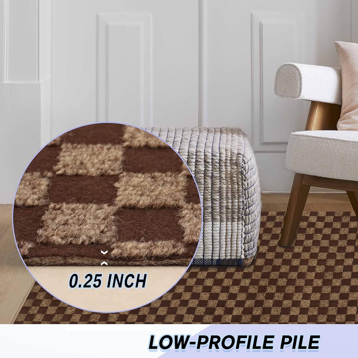 Custom Size Backed Non-Slip Area Rugs Runner, Easy Clean, Waterproof Runner Rugs for Hallway Entryway, Kitchen, Laundry, 4FT x 17FT, Brown Checkered