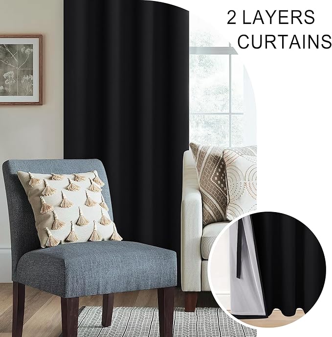 XWZO 100% Blackout Curtain Panels - Extra Wide Thermal Insulated Black Liner Curtains, Noise Reducing and Heat Blocking Drapes for Hall and Studio Windows with Tiebacks, Black, W70 x L63, Set of 2
