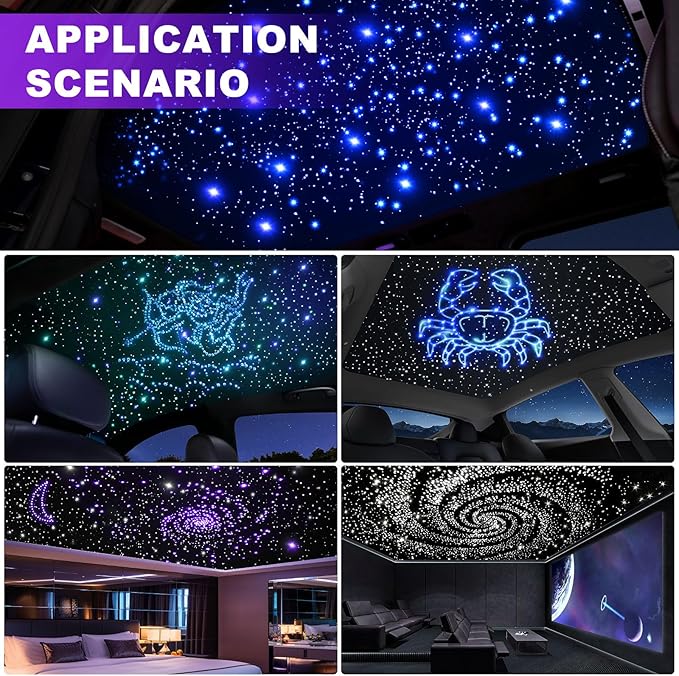 Car Starlight Headliner Kit, Twinkle & Sound Activated RGBW 16W 600pcs*0.02in*9.8ft Fiber Optic Starlight Kit with APP& Remote Controlled, Star Lights for Ceiling Car Roof/Home Decor
