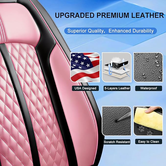 Fit Malibu Car Seat Covers for Chevrolet/Chevy Malibu 2009-2025, Full Coverage Leather, Airbag Compatible, Waterproof All Weather Breathable Seat Cushion Protector, Full Set, Black+Pink