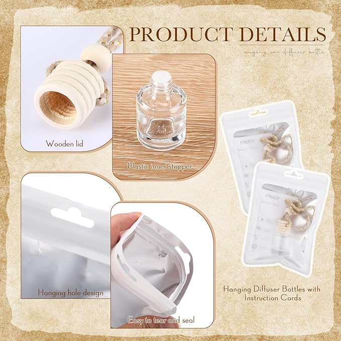 Boao 50 Sets Hanging Car Air Freshener Diffuser Bottles with Instruction Card and 4 x 6'' Resealable Holographic Bag for Empty Car Essential Oil Perfume Bottles Packaging (Cylinder)