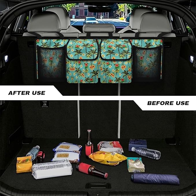 Green Coconut Palm Car Trunk Organizer Storage - Collapsible Pocket Automotive Expandable Sturdy Straps Folding Cargo Store for Auto Backseat