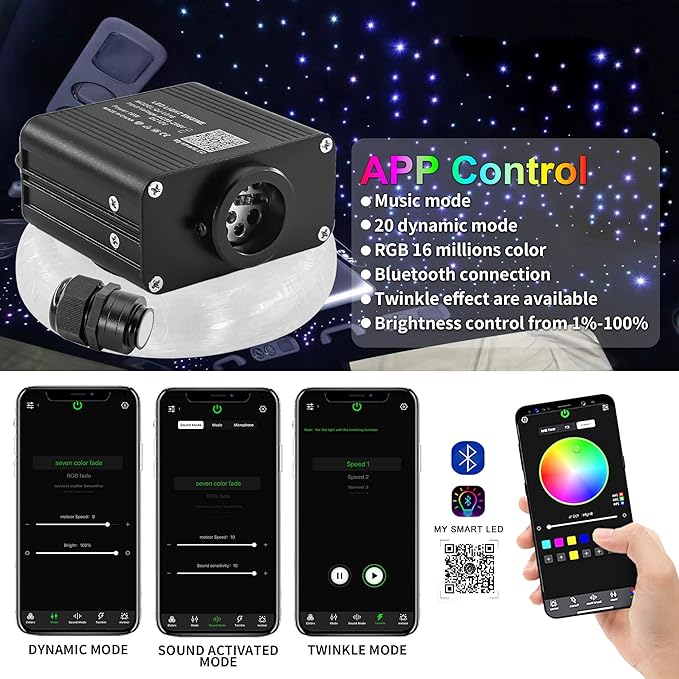ATOKEE 16W Twinkle 200pcs Starlight Headliner Kit, 0.03in 6.5ft Compact Size Fiber Optic Car Star Roof Lights with APP/Remote Control