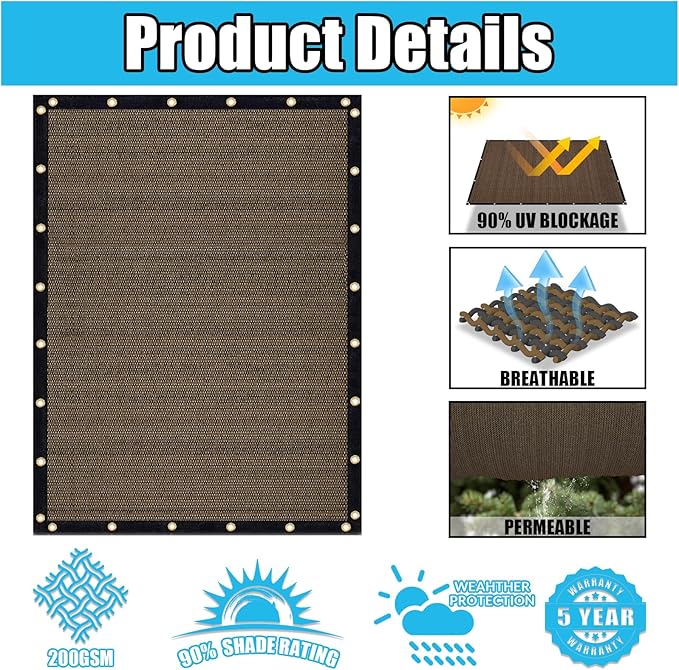 Amagenix 90% Shade Fabric 11'X 19' Mocha Sun Shade Cloth with Grommets for Pergola Replacement Shade Cover Canopy, Heavy Duty, Cable Zip Ties Included (We Customized)