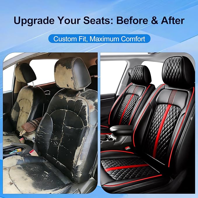 Fit Sonic Car Seat Covers (Front Pair) for Select Chevrolet/Chevy Sonic 2012-2020 - Premium Full Coverage Leather, Airbag Compatible, Waterproof & All Weather Seat Cushion Protector, Red Trim