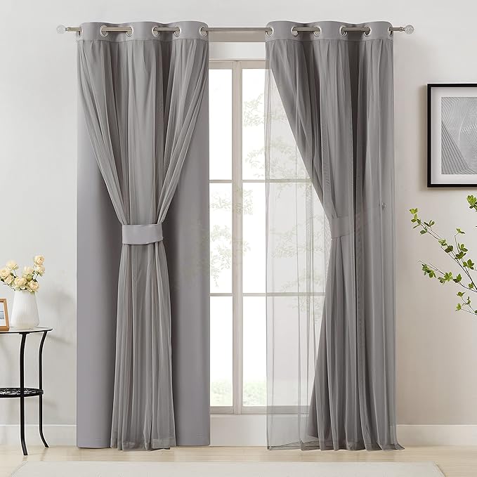 Bujasso Grey 90% Blackout Curtains with Sheer Overlay Mix and Match Double Layer Window Curtains Thermal Insulated 84 inch for Living Room Bedroom Gray Drapes with Tiebacks Grommet Top 37" Wx84 Lx2