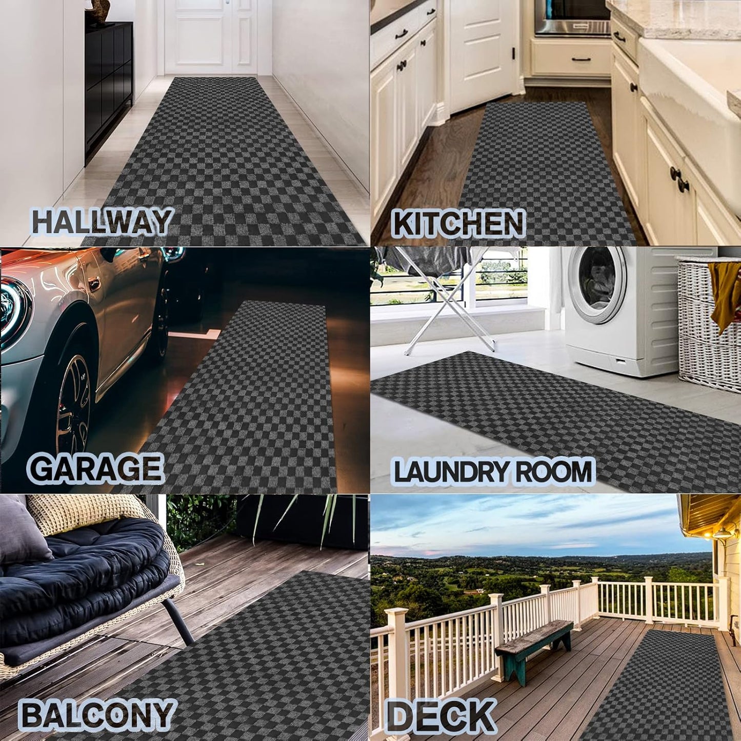 Custom Size Backed Non-Slip Area Rugs Runner, Easy Clean, Waterproof Runner Rugs for Hallway Entryway, Kitchen, Laundry, 3FT x 18FT, Gray Checkered