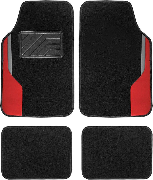 FH Group Color-Block Carpet Car Floor Mats – Non-Slip, Faux Leather Accents, Universal Fit for Sedan, SUV & Truck – Full Set Red
