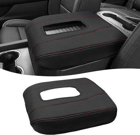 Center Console Cover for Chevy Silverado 1500 Accessories & GMC Sierra 2019-2026, Yukon & Tahoe & Suburban 2021-2026, Bucket Seat, PU Leather Armrest Middle Console Cover, Black-Red Stitch