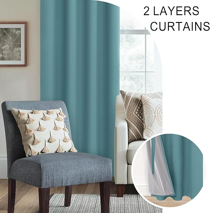 XWZO 100% Blackout Curtains - Thermal Insulated Black Liner Curtains, Noise Reducing and Heat Blocking Drapes for Hall and Studio Windows with Tiebacks, Stone Blue, W42 x L45, Set of 2