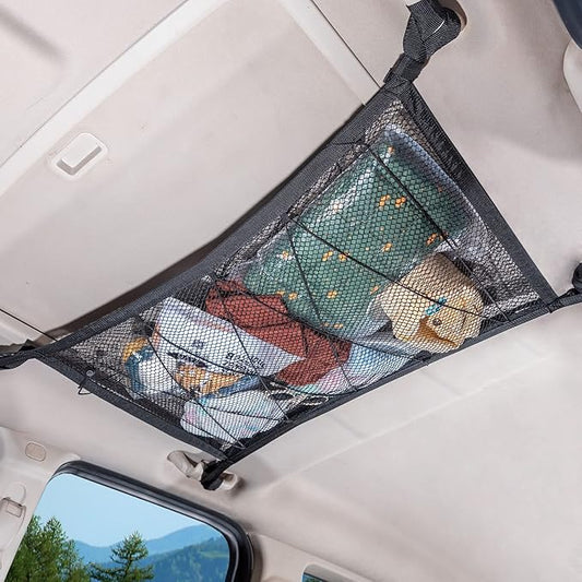 Kaskawise Car Ceiling Cargo Net, 31"x21" Adjustable Double-Layer Mesh SUV Roof Organizer, Van Life Accessories for Long Trip, Car Camping Essentials, Road Trip Must-Haves for Overhead Storage