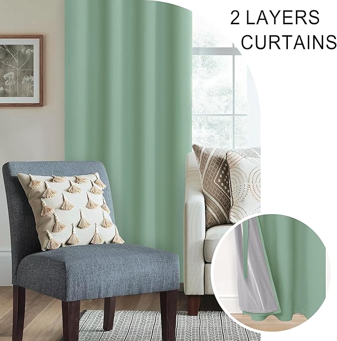 XWZO 100% Blackout Curtain 84 Inches Length 2 Panels Set - Extra Wide Thermal Insulated, Noise Reducing & Heat Blocking Drapes for Bedroom with Tiebacks, Light Sage, W60 x L84, 2 Pieces