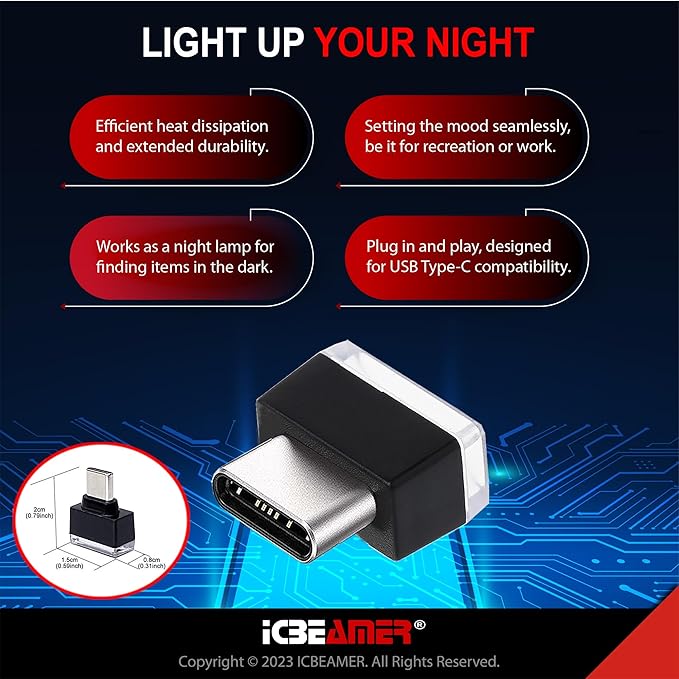 ICBEAMER Type C Adapters Atmosphere Light 1-Pack (Blue) | Universal Plug-in Miniature LED Night Light for Car Interior and Trunk Ambient Lighting, Easy Installation, Energy Efficient