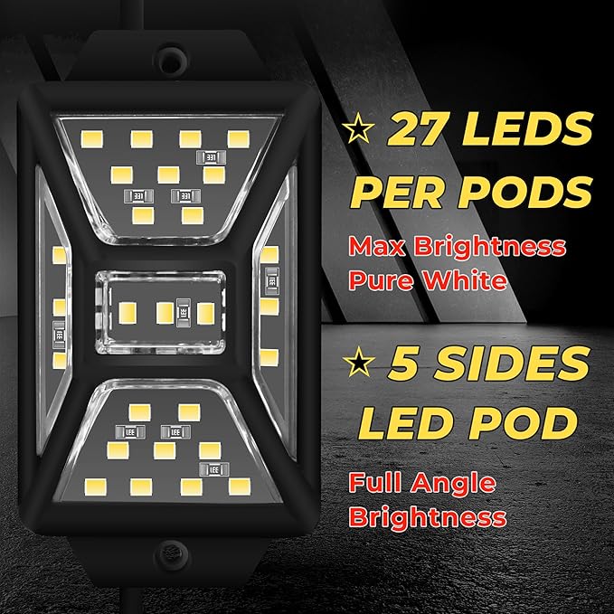 8 Pods Pure White Rock Lights with 2 Pack Connectors Extension Wires,Waterproof Rock Lights Compatible with Trucks Jeep UTV SUV ATV Boat Golf Cart, Mess Free Two-Path Wiring Underglow Kits(Patented)