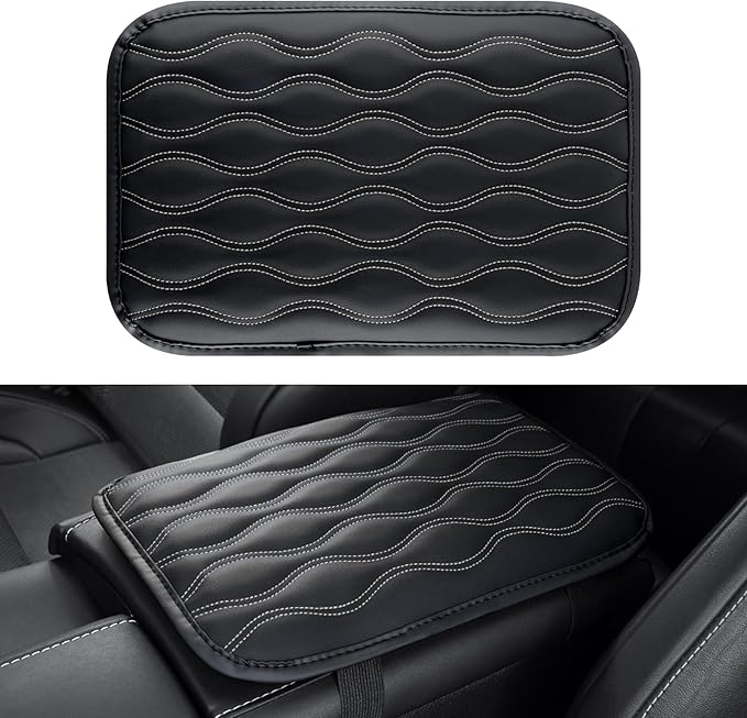 Amiss Auto Center Console Pad, Universal Waterproof Armrest Seat Box Cover, Car Interior Accessories, Leather Auto Armrest Cover Protector for Most Vehicle, SUV, Truck (White Line)