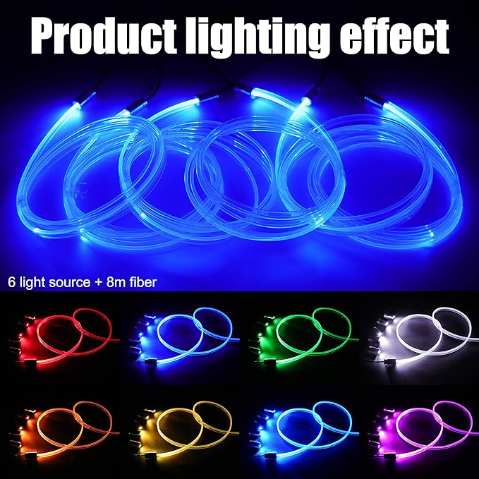 Car Atmosphere Light Kit 8m Fiber Optic RGB Multicolor Sound Active Music Sync Memory Function Bluetooth APP Control 64 Colors USB Car Interior Ambient Lighting Kit DC 12V