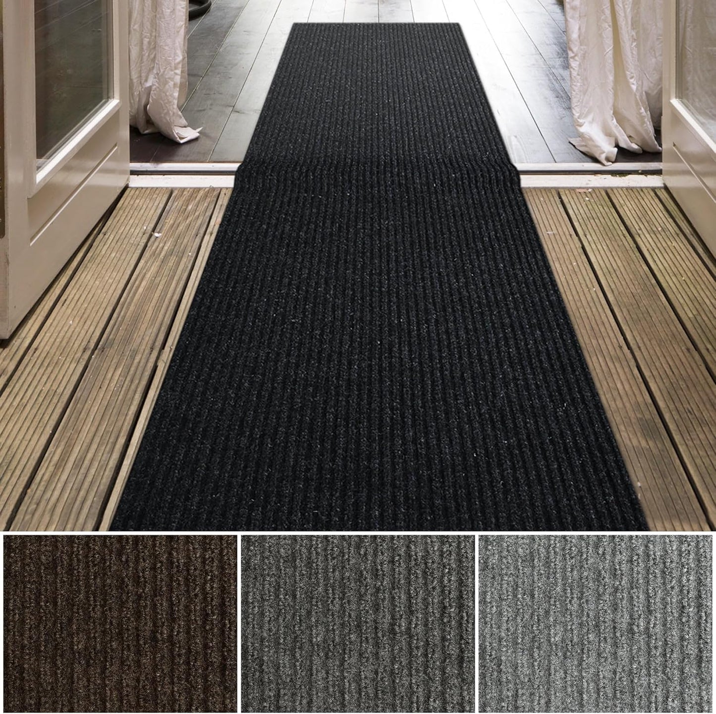 iCustomRug Spartan Weather Warrior Indoor/Outdoor Utility Ribbed Carpet Runner with Non-Slip Thermoplastic Rubber Backing, 3ft X 44ft in Black