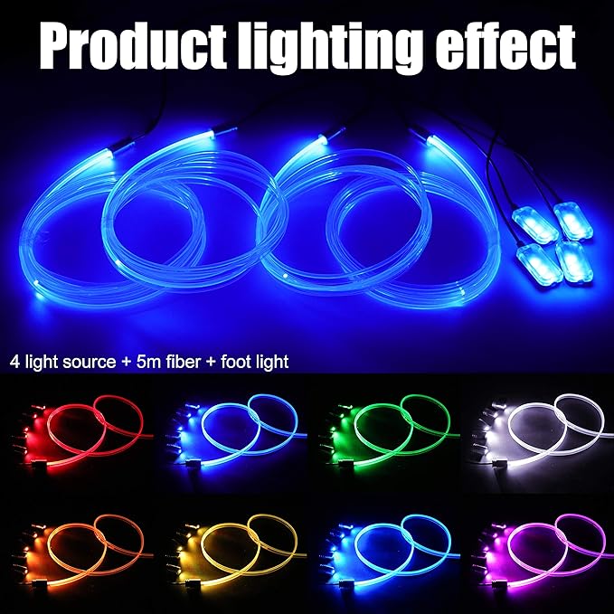 5 Meters Optic Fiber Car Ambient Lighting with RF Remote Control 64 Colors Multicoloured Music Interior Footwell Lighting Kit DC 12V 1W