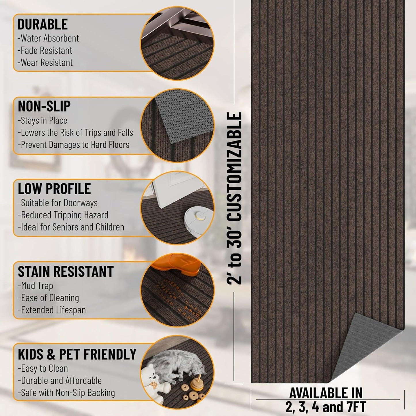 Ottomanson 2'7" x 39' Hallway Runner with Scraper Pile - Extra Durable Non-Slip Rug Mat for Indoor & Outdoor Use - Ideal for Kitchen, Entryway & Garage - High-Traffic Carpet, Brown