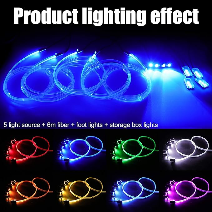 64 Colors Car Ambient Lighting Fiber Optic RF Remote + APP Control Multicoloured Music Car Atmosphere Decorative Lighting Kit 1W DC 12V-24V 6m