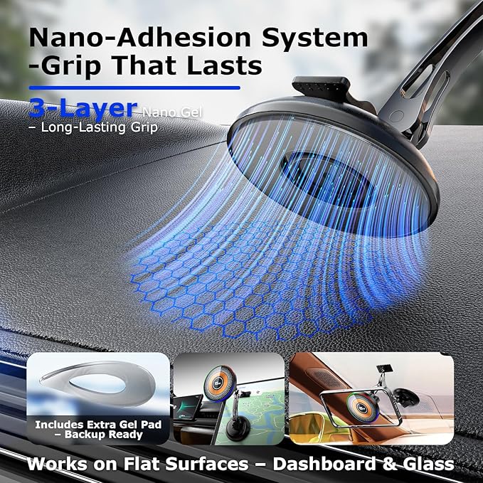 Magnetic for MagSafe Car Mount 15W Wireless Charging, Magnetic Phone Holder for Car with Vacuum, 360°Adjustable Metal Head &Extension Rod, Cell Phone Holders for Your Car for iPhone17/16/15/14/13/12