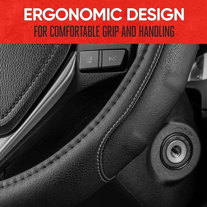 Motor Trend GripDrive Faux Black Leather Steering Wheel Cover for Car Truck Van SUV, Small 14 inch Size, Gray Accent Stitched Car Steering Wheel Cover Vehicle & Auto Accessories