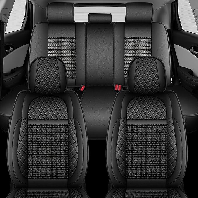 TTX LIGHTING for Kia Forte 2010-2026 Car Seat Covers, Breathable Ice Silk & Leather Seat Protector, Cool & Anti-Sweat for Long Driving, Airbag Compatible, 5 Seats Full Set (Black)