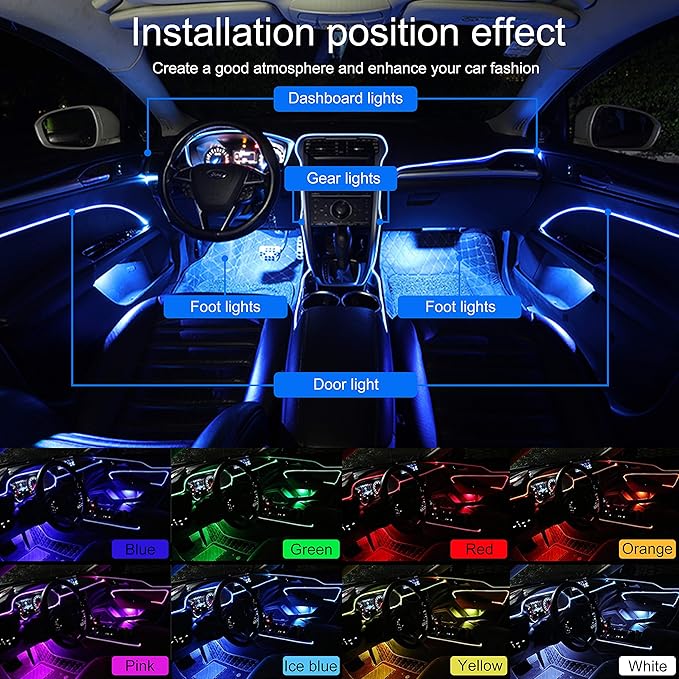 Car Ambient Lighting Optic Fiber 64 Colors Music Sound Active with APP Control Car Decorative Atmosphere Lighting Kit DC 12V 1W 5m