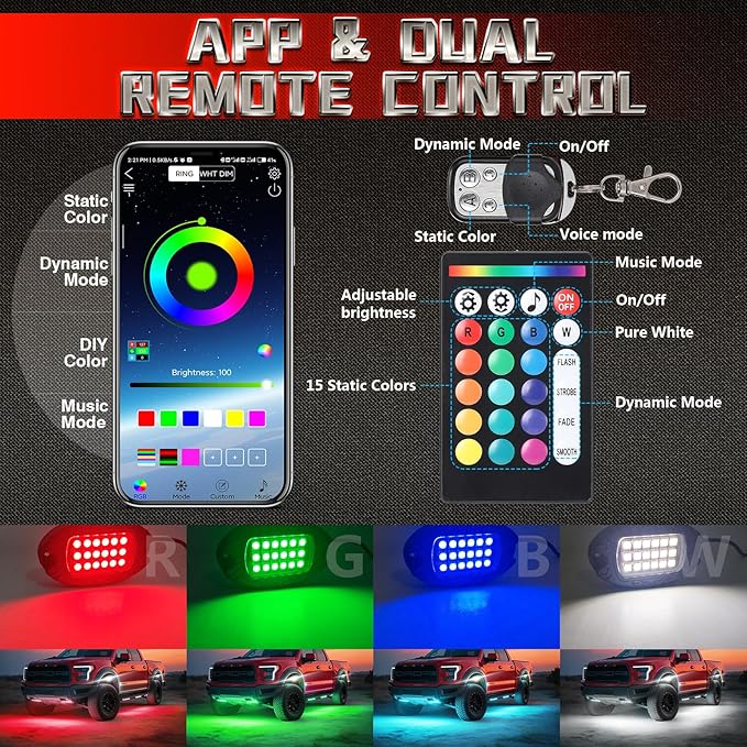 4 Pods Alloy RGBW Rock Lights，LED Upgraded RGB Underglow Lights for ATV UTV Golf Cart Truck RZR SXS Offroad Jeeps, IP68 Waterproof Metal Multicolor Underglow Kit with APP/RF Remote Music Mode,12V