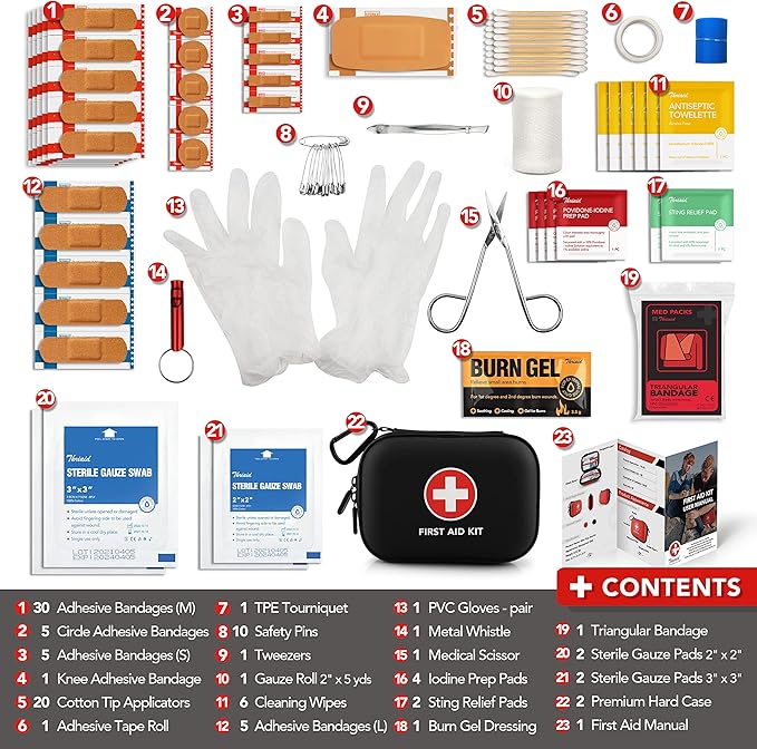 Mini First Aid Kit, 100 Pieces Water-Resistant Hard Shell Small Case - Perfect for Travel, Outdoor, Home, Office, Camping, Hiking, Car (Black)