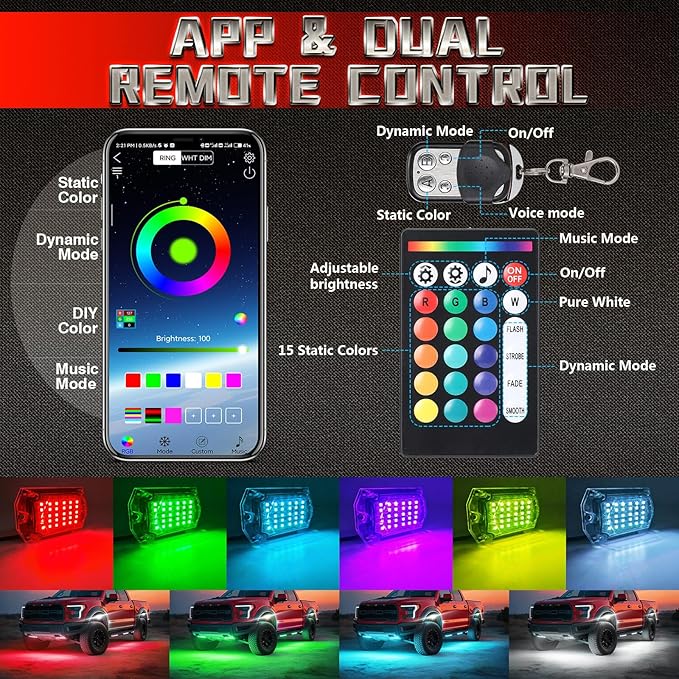 12 Pods RGB LED Rock Lights for Trucks ATV UTV Golf Cart RZR Offroad SUV Cars, Waterproof Multicolor Neon Underglow Kit with Bluetooth APP/RF Remote Control, Vehicle Accent Underbody Light 12V