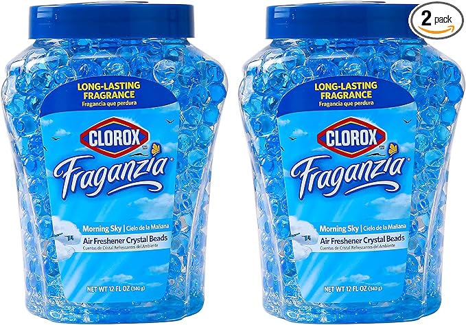 Clorox Fraganzia Crystal Beads Air Freshener Twin Pack, Long Lasting Room Deodorizer and Odor Eliminator Gel Beads for Home, Car, or Office, Morning Sky Scent, 24 Fl Oz