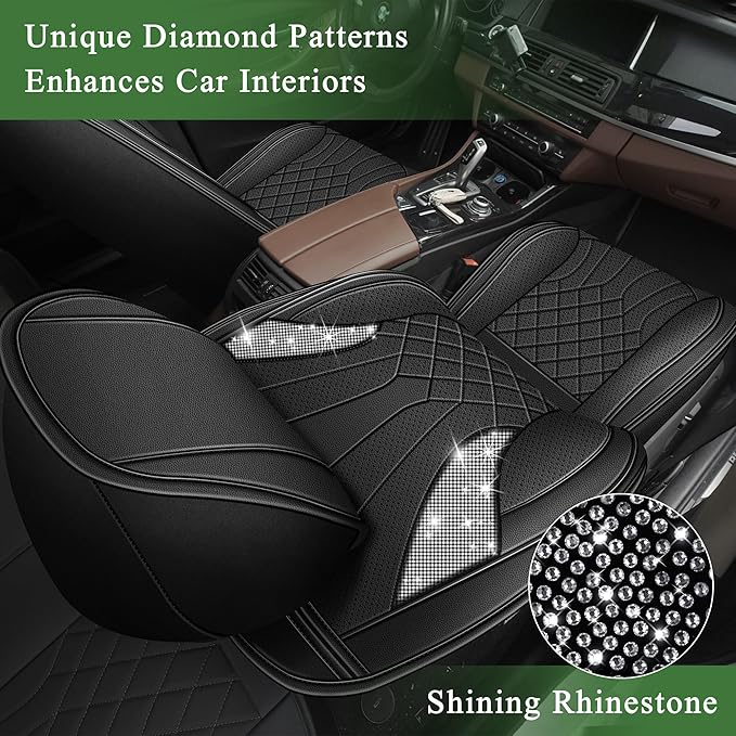 Bling Diamond Embroidered Seat Covers for Hyundai Santa Fe 2007-2025 2026, Full Set 5 Seats, Sparkle Rhinestone Breathable Perforated Faux Leather Car Seat Covers for Women (Black)