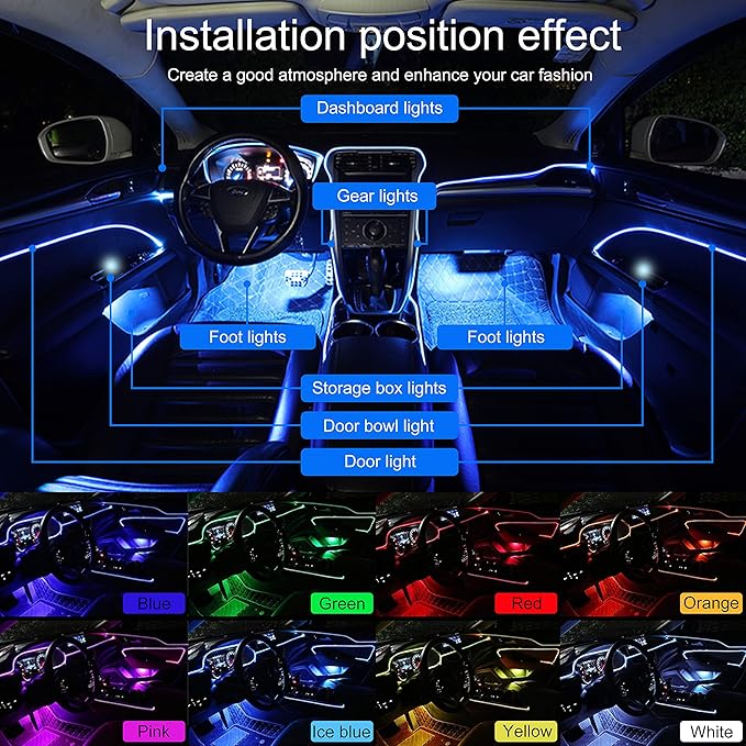Car Interior Ambient Lighting Optic Fiber RGB 64 Colors Multicoloured Music Car Footwell Lighting Kit with Cigarette Lighter and App Microphone, 12-24V 8m