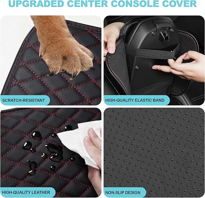 Center Console Cover Fit for Kia Sportage 2005-2025 with 2 Storage Bags Waterproof Leather Quilted Pattern Car Armrest Cover Cushion Anti - Slip(Black&Red Line)