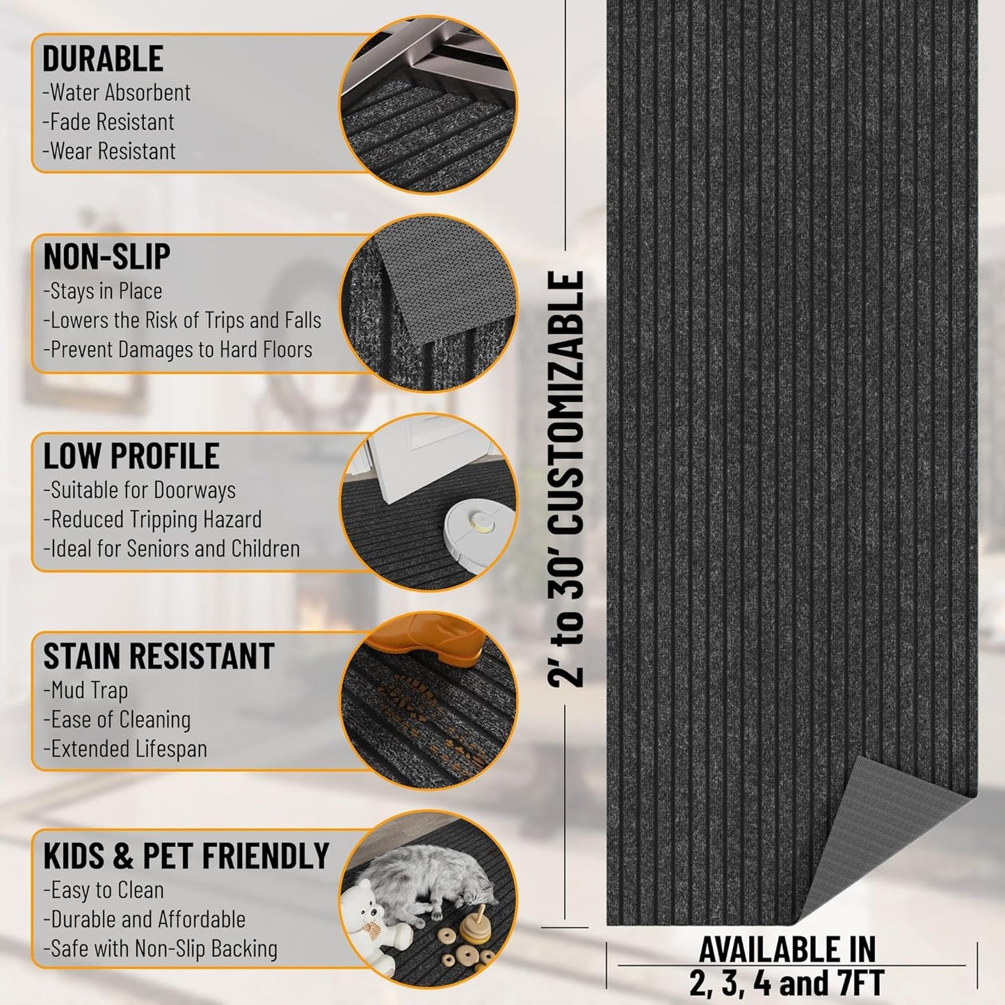Ottomanson 2' x 49' Hallway Runner with Scraper Pile Extra Durable Non-Slip Rug Mat for Indoor & Outdoor Use - Ideal for Kitchen, Entryway, Patio & Garage - High-Traffic Carpet, Black