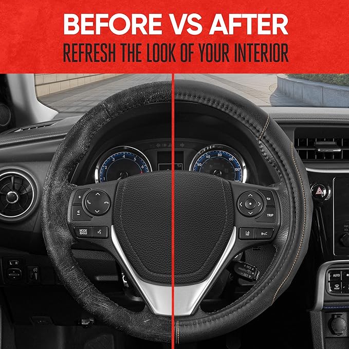 Motor Trend GripDrive Faux Black Leather Steering Wheel Cover for Car Truck Van SUV, Small 14 inch Size, Beige Accent Stitched Car Steering Wheel Cover Vehicle & Auto Accessories
