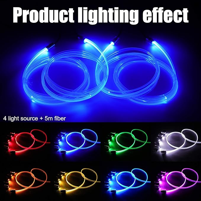 Car Interior Ambient Lighting Optic Fiber RGB 64 Colors Multicoloured Music Car Footwell Lighting Kit with Cigarette Lighter and App Microphone, 12-24V 5m