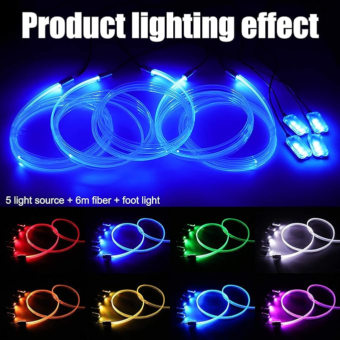 Car Atmosphere Light Kit 6m Fiber Optic RGB Multicolor Sound Active Music Sync Memory Function Bluetooth APP Control 64 Colors USB Car Interior Footwell Ambient Lighting Kit DC 12V