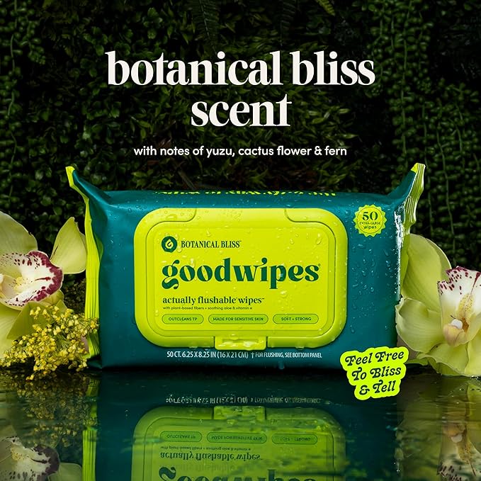 goodwipes Flushable Butt Wipes - Vitamin E & Aloe - Sewer & Septic Safe - Extra Large Adult Wet Wipes For Women & Men - Bathroom Essentials - Botanical Bliss, 318 Count (6 Packs + 1 Travel)