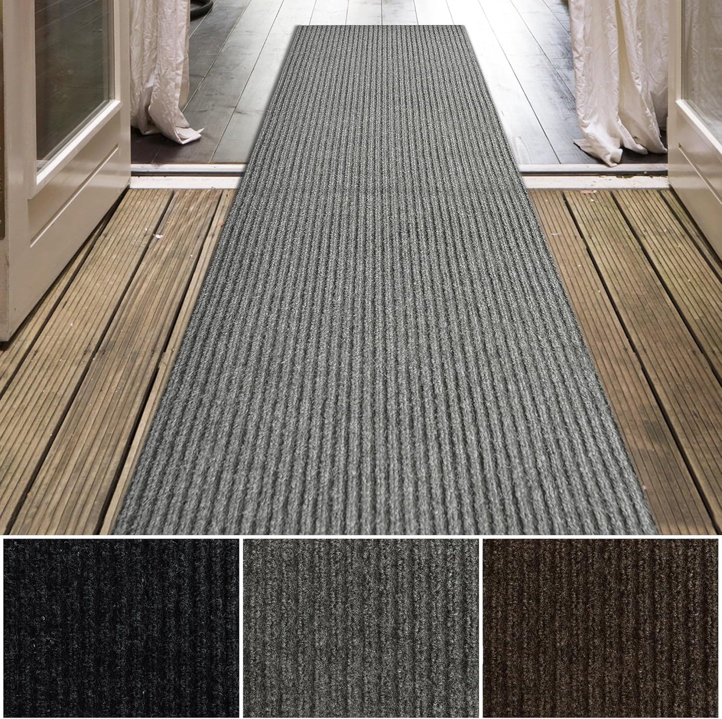 iCustomRug Spartan Weather Warrior Indoor/Outdoor Utility Ribbed Carpet Runner with Non-Slip Thermoplastic Rubber Backing, 3ft X 24ft in Grey
